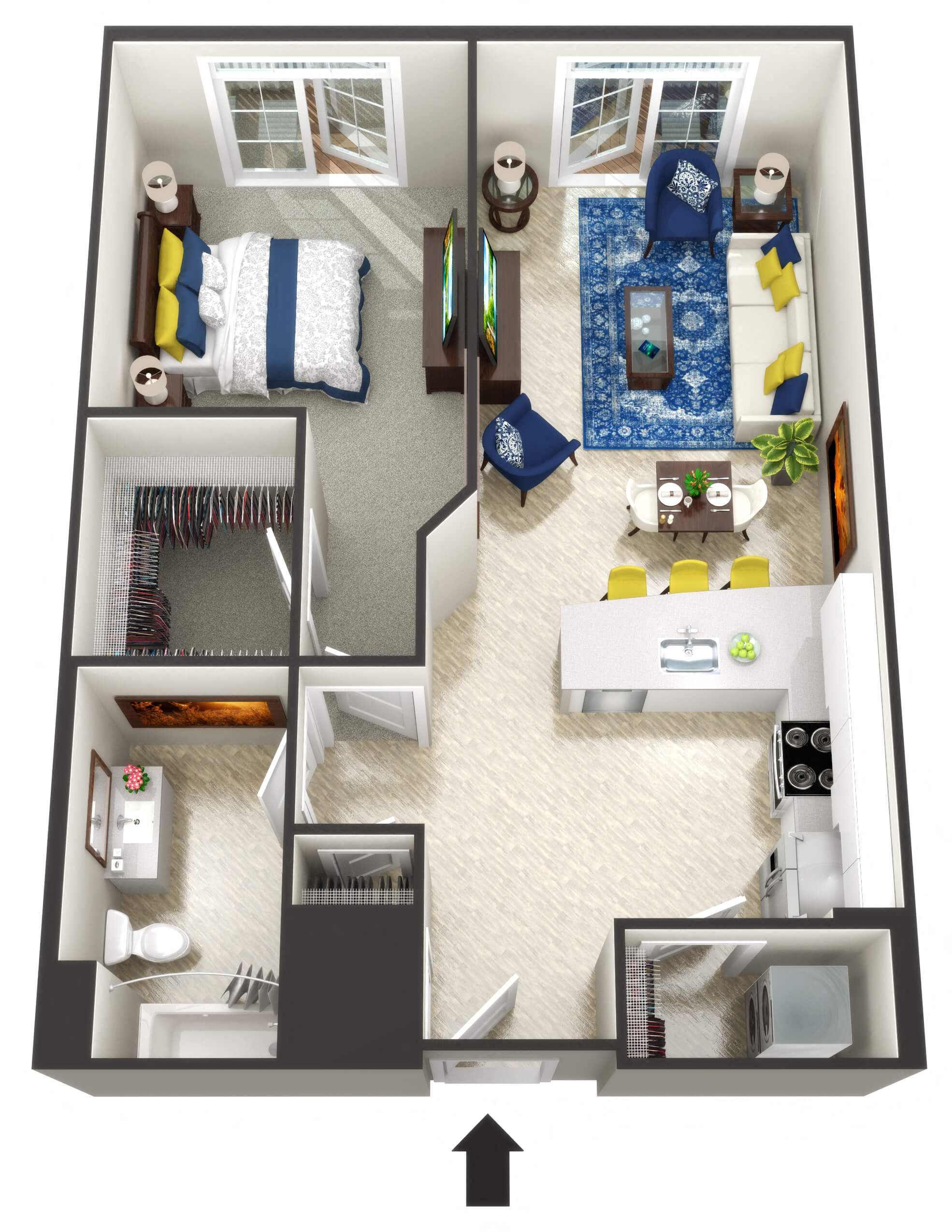 Floor plan for 1 bed, 1 bath, 895 sqft